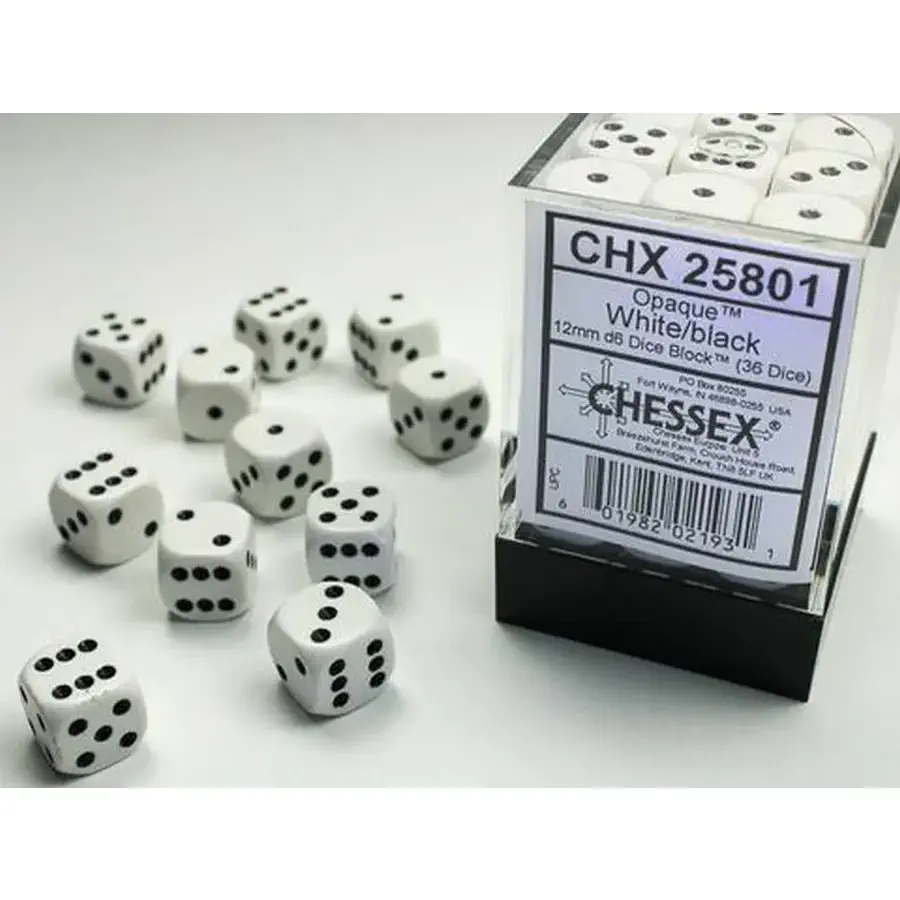 Chessex Opaque 12mm d6 White/black Dice Block (36)