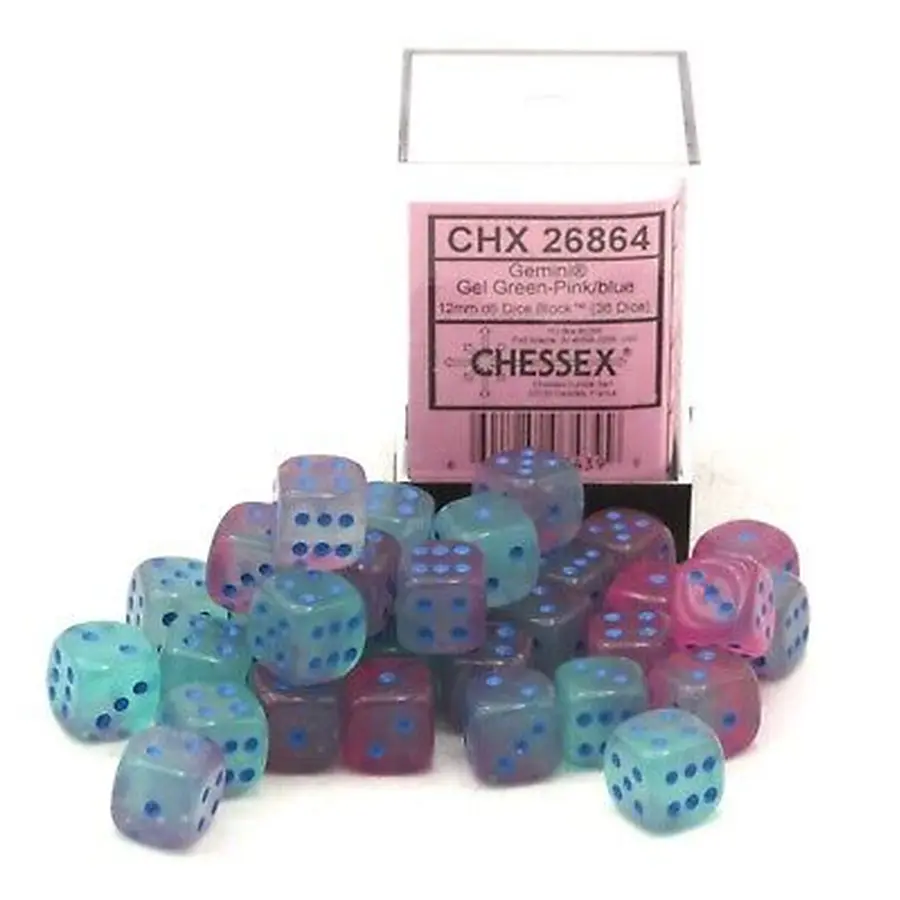 Chessex Gemini 12mm D6 Dice Blocks - Gel Green-Pink/Blue (36)