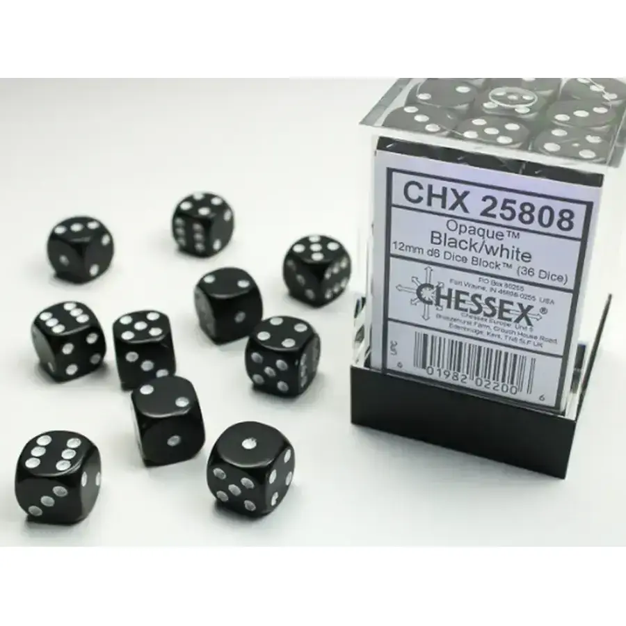 Chessex Opaque 12mm D6 Dice Blocks - Black/White (36)