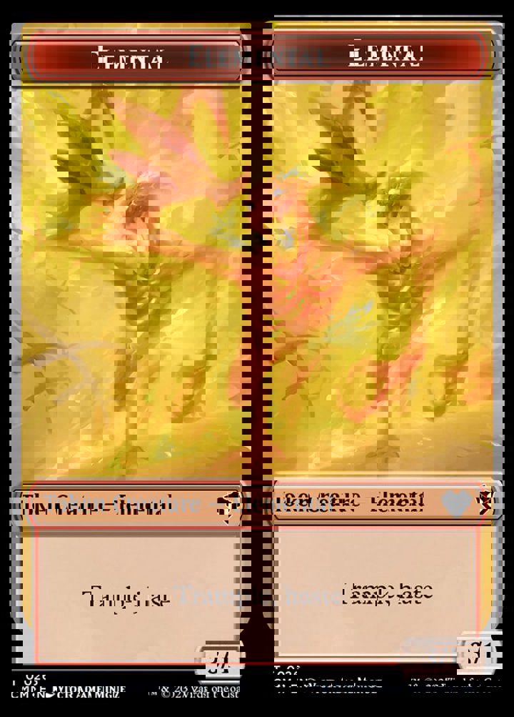 Knight Token (W 2/2 Vigilance) // Elemental Token (R 3/1 Trample, haste)