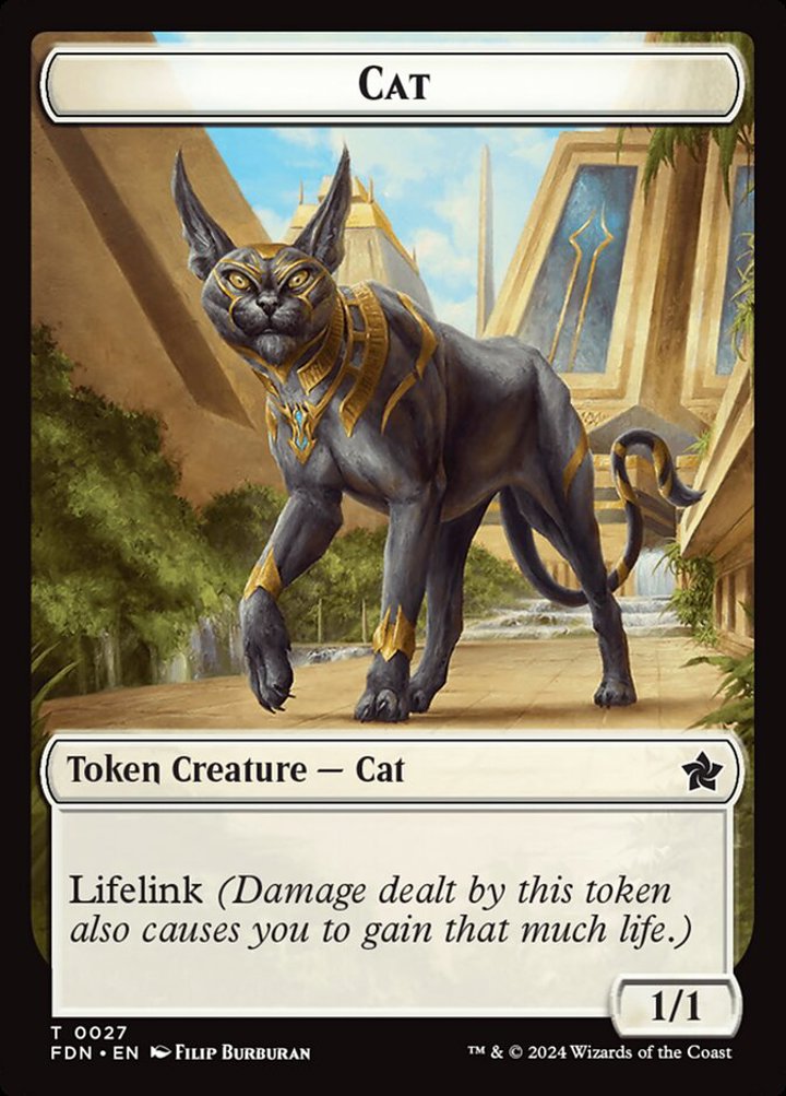Phyrexian Goblin Token (R 1/1) // Cat Token (W 1/1 Lifelink)