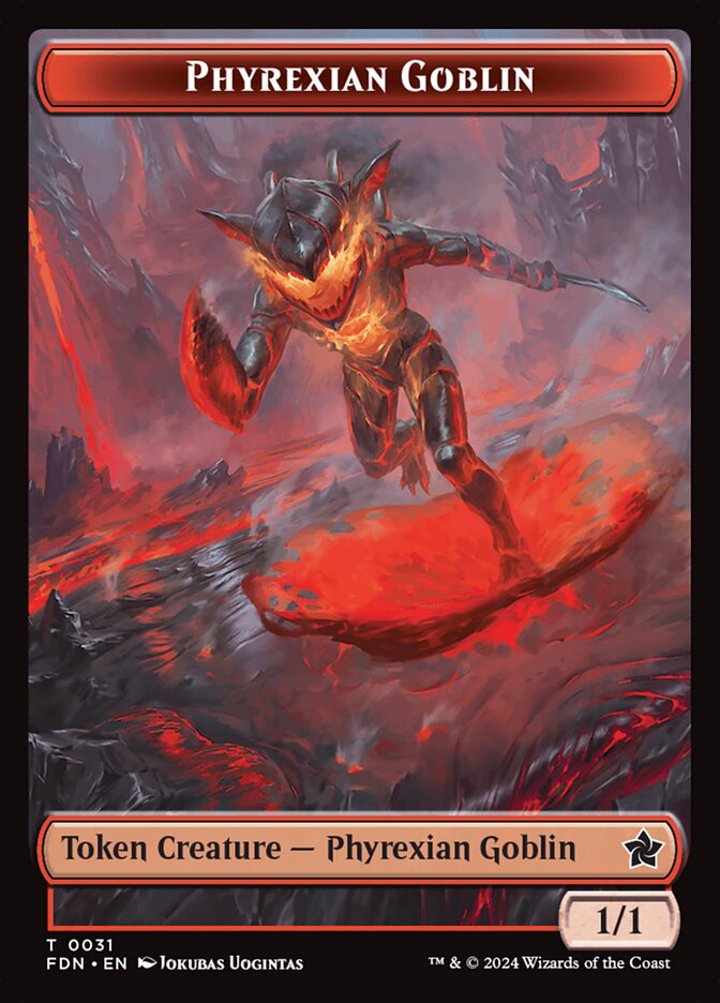 Phyrexian Goblin Token (R 1/1) // Cat Token (W 1/1 Lifelink)