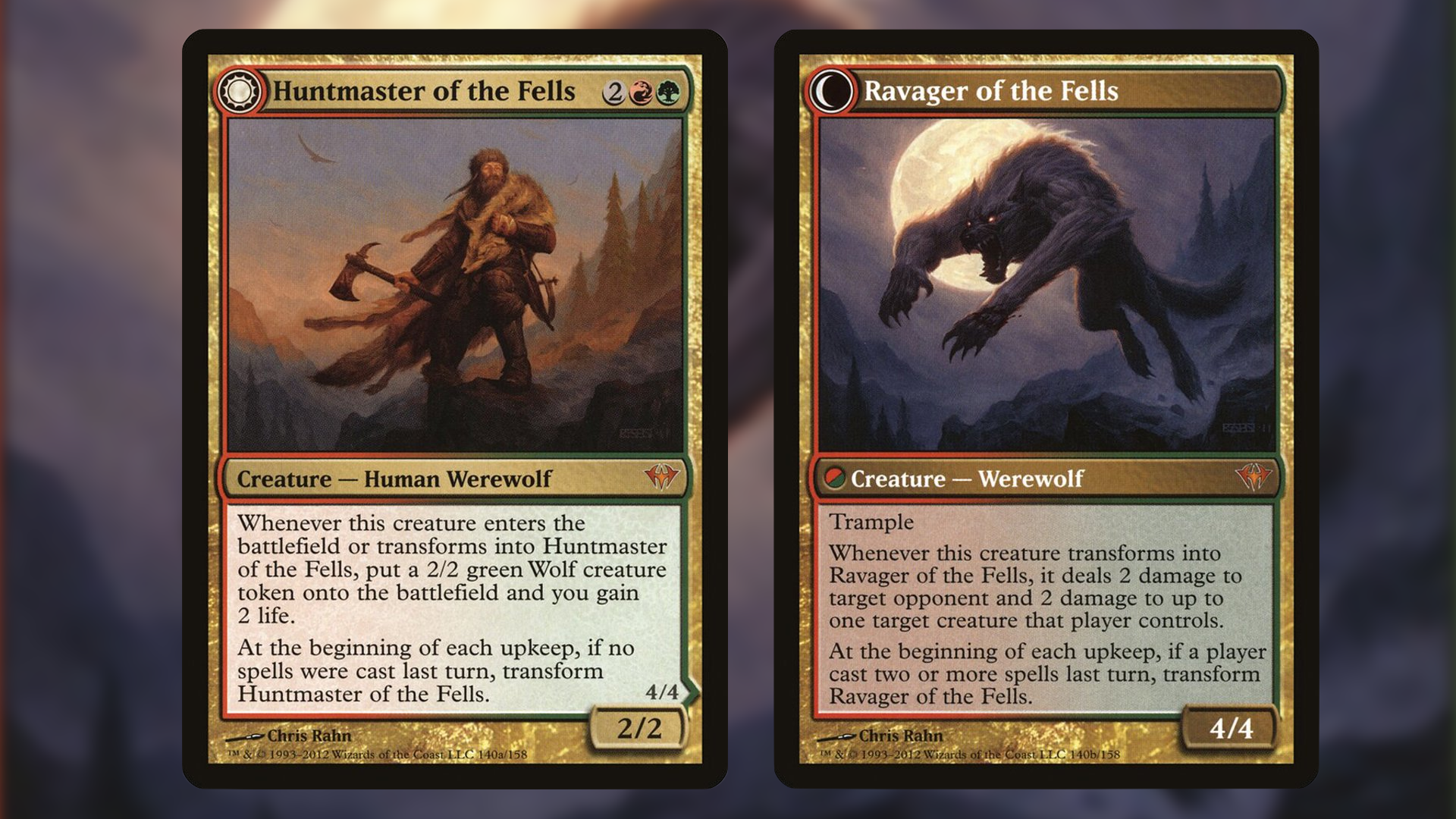 Magic-Karte Huntmaster of the Fells und Ravanger of the Fells, Mann in Fell gekleidet und einer Axt und ein Welwolf mitten im Sprung beui Vollmond