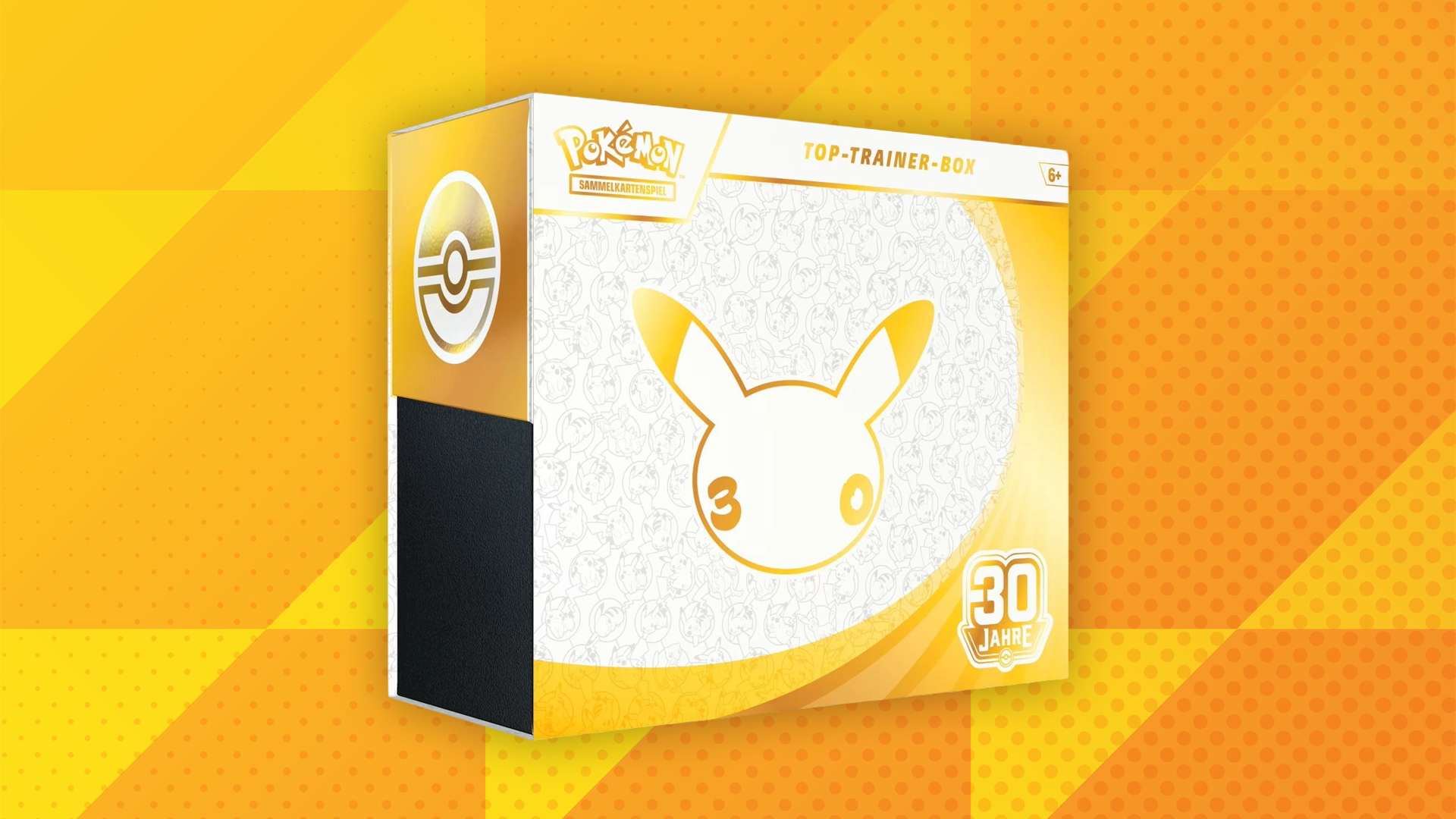 Top-Trainer-Box zur feier von 30 Jahre Pokemon auf einem geometrischen und gepukteten orange/gelben Hintergrund