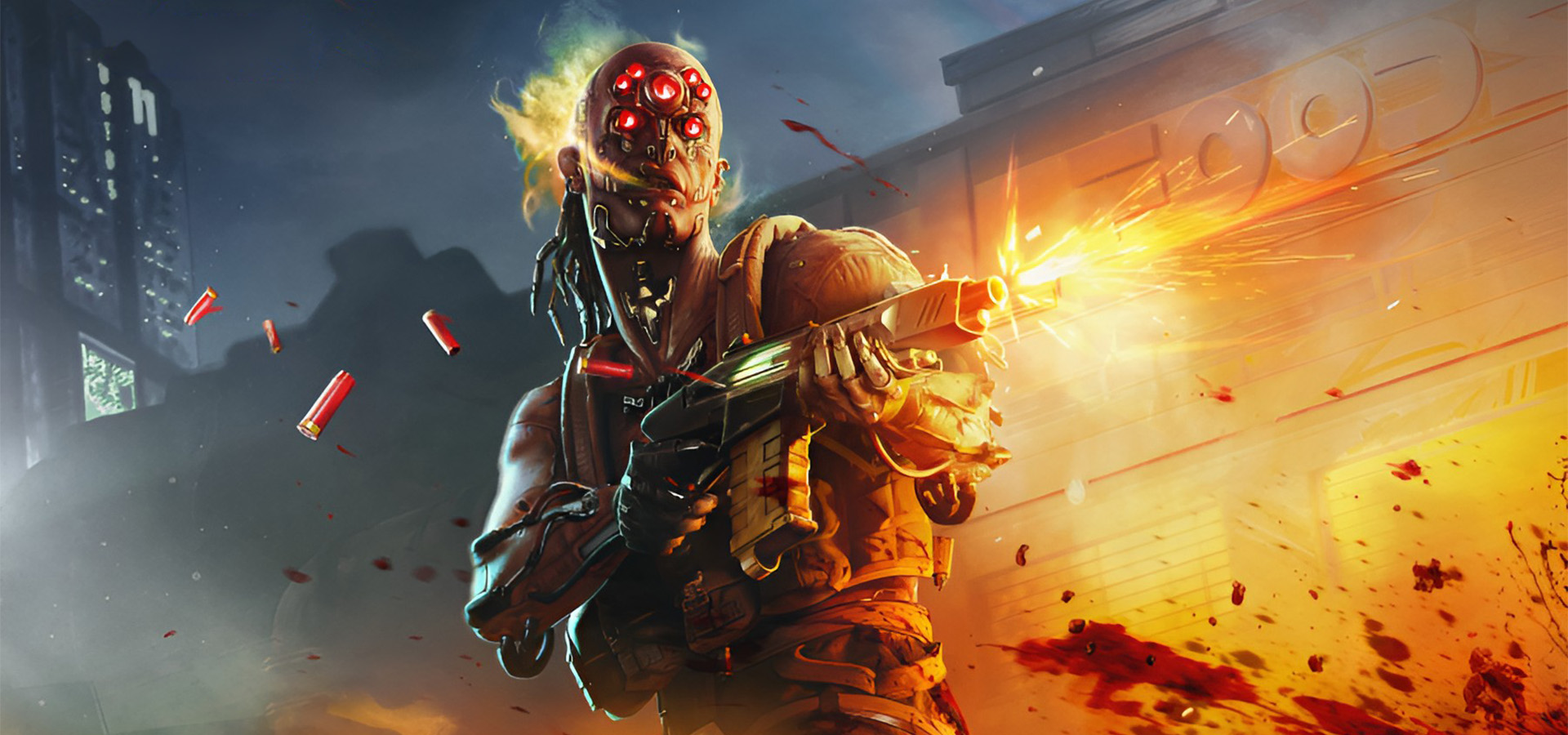 Dum Dum - Maelstrom Triggerman aus dem neuen cyberpunk trading card game welcome to night city schießt wild mit einem gewähr um sich