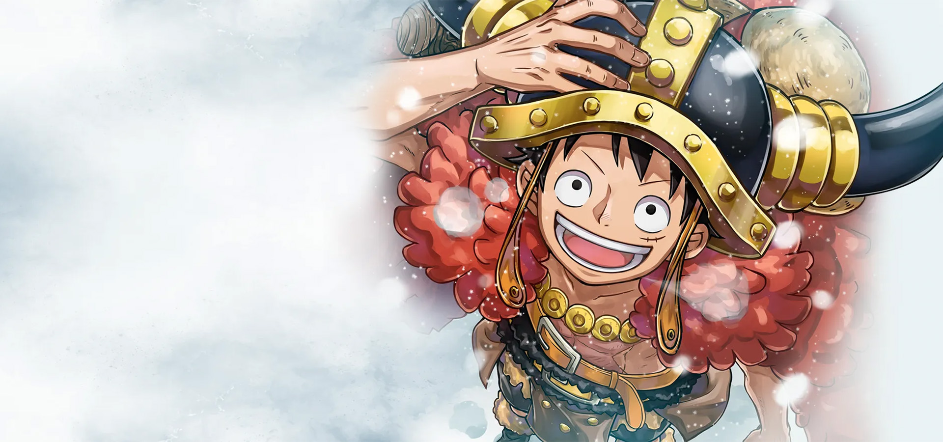 Luffy hält seinen Helm und schaut dem Schnee entgegen im rahmen des One Piece OP-17 Sets World's Strongest Warrioirs zum 4. Jubiläum des Spiels