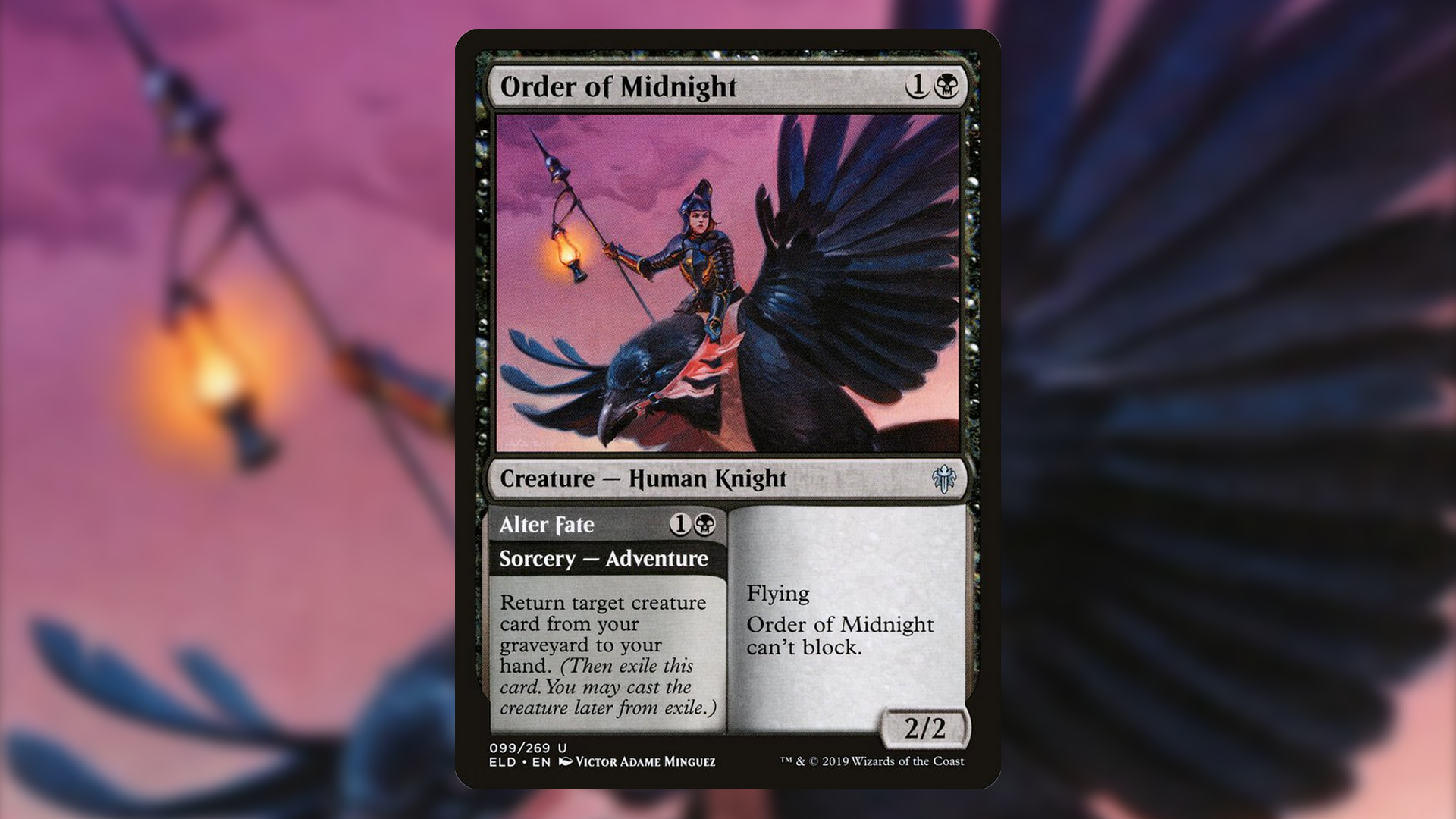 Magic-Karte Order of Midnight, Ritter mit Laterne reitet auf einem schwarzen Vogel