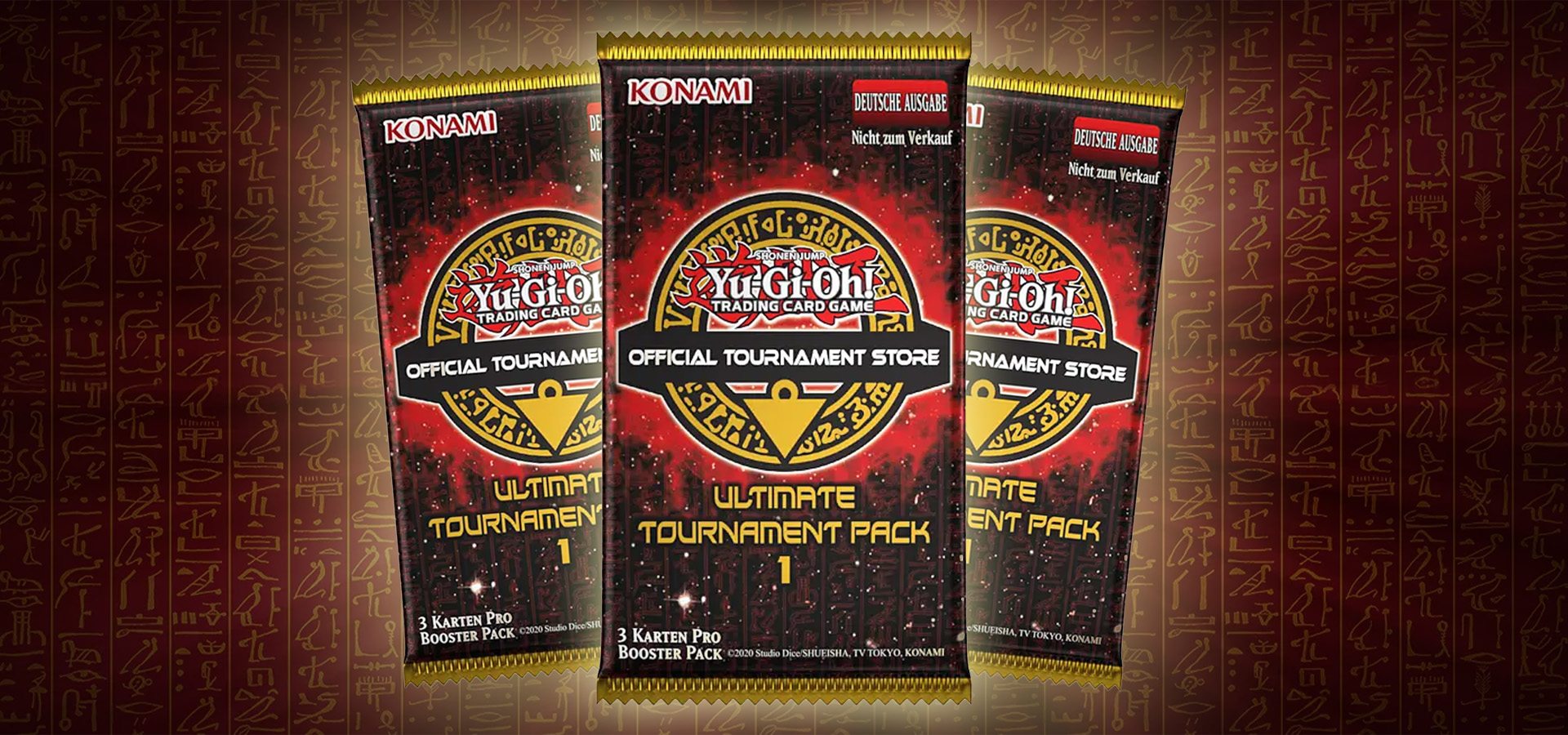 drei aufgefächerte yu-gi-oh! official turnament store ultimate turnament pack booster nummer 1 mit drei karten pro booster