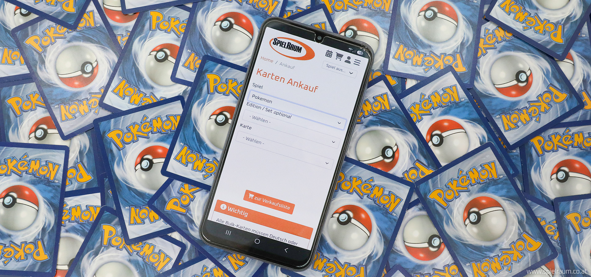 Pokémon-Sammelkarten mit Smartphone und Spielraum Kartenankaufstool zum Ankauf von Pokémon-Karten