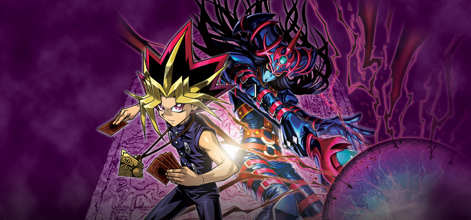 Yugi und Dark Chaos aus dem Yu-Gi-Oh! trading card game und dem Set Chaos Origin stehen Rücken an Rücken