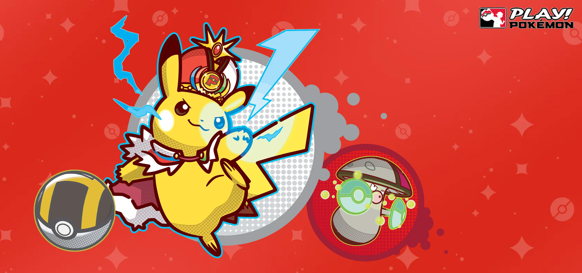 Pikatchu mit Krone grinst zum Anlass der Pokémon World Celebration im SpielRaum Wien 2026
