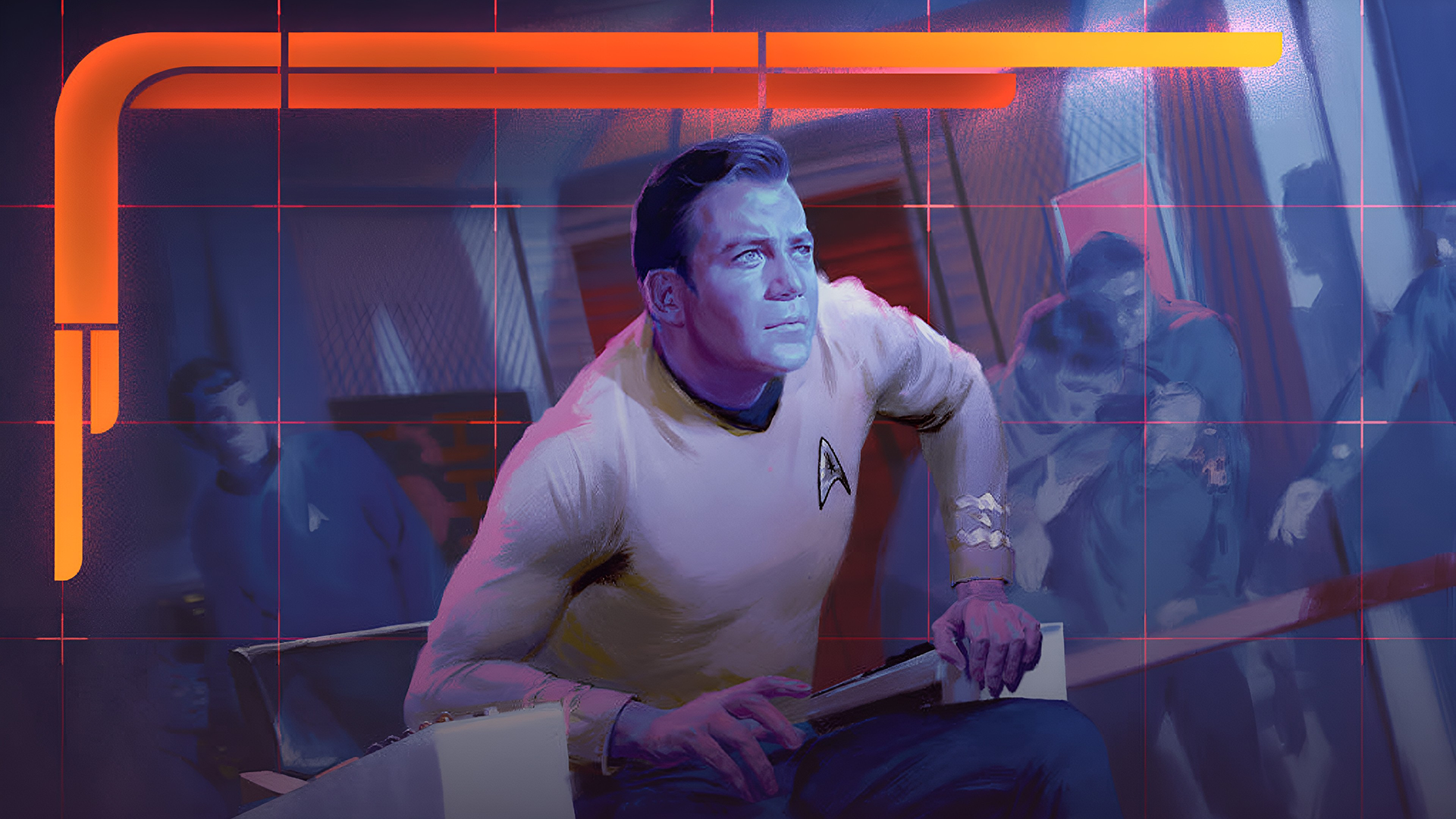 Artwork zu Magic: The Gathering Star Trek: Captain James T. Kirk in gelber Uniform sitzt im Kommandosessel und blickt konzentriert in die Ferne, dahinter zwei verschwommene Crewmitglieder in violettem Licht mit orangefarbenen Leuchtbalken und rotem Raster.