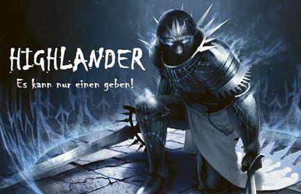 Highlander-Krieger mit Schwert mit dem Schriftzug Es kann nur einen geben.