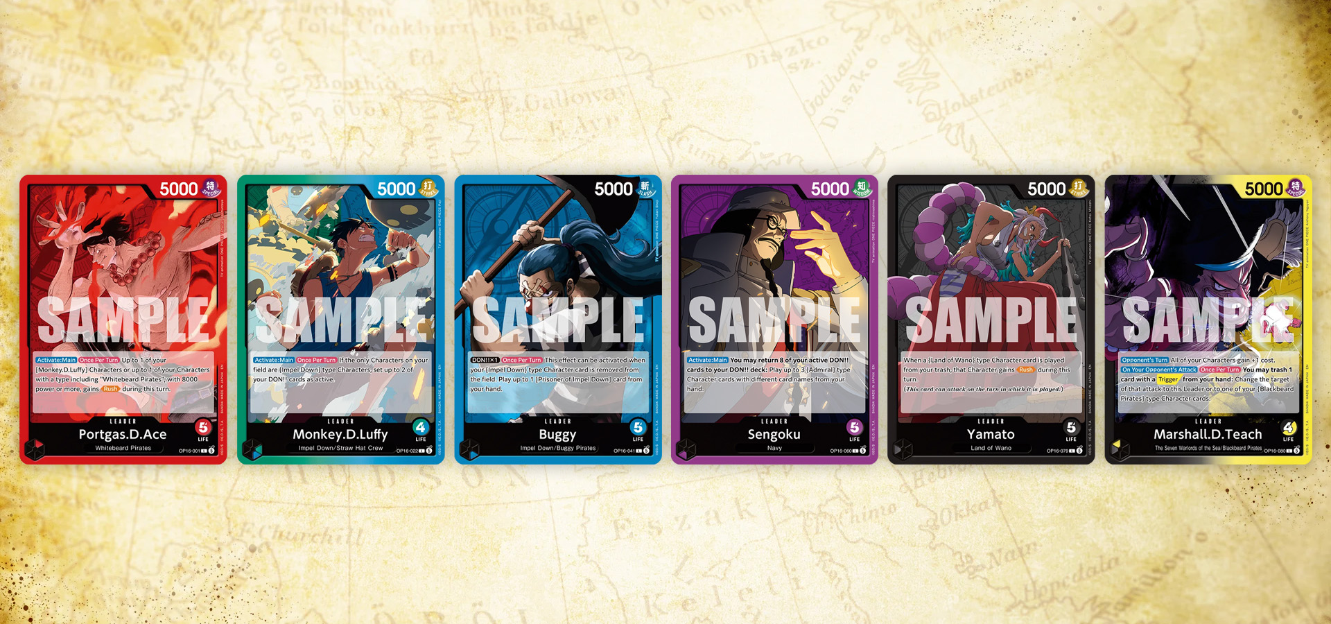 sechs karten des neuen sechzenten sets the time of battle des one piece card games mit karten wie portgas.d.ace monkey.d.luffy und buggy
