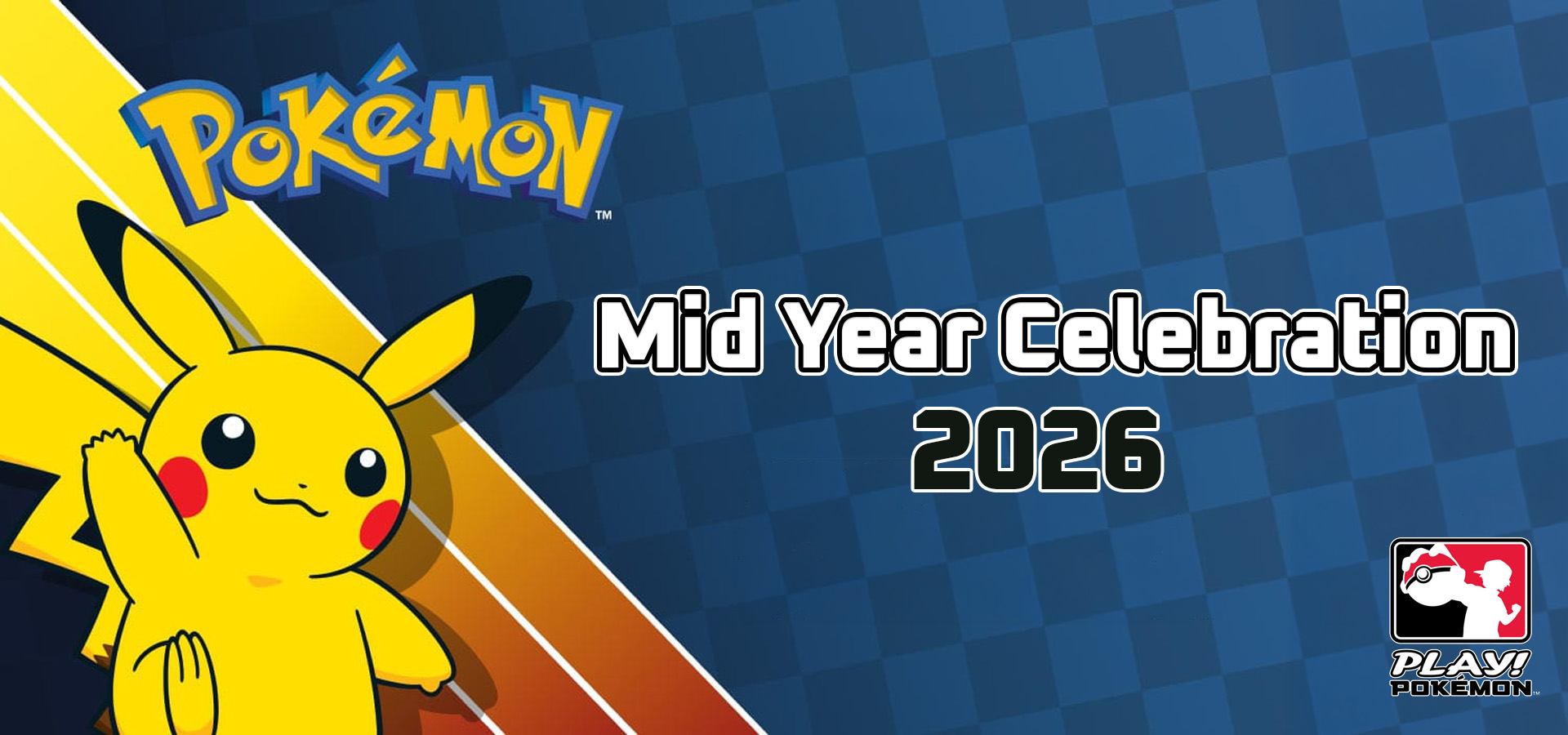 Im Rahmen der Pokémon Trading Card Game Mid Year Celebration 2026 winkt Pikatchu fröhlich auf blauem Untergrund