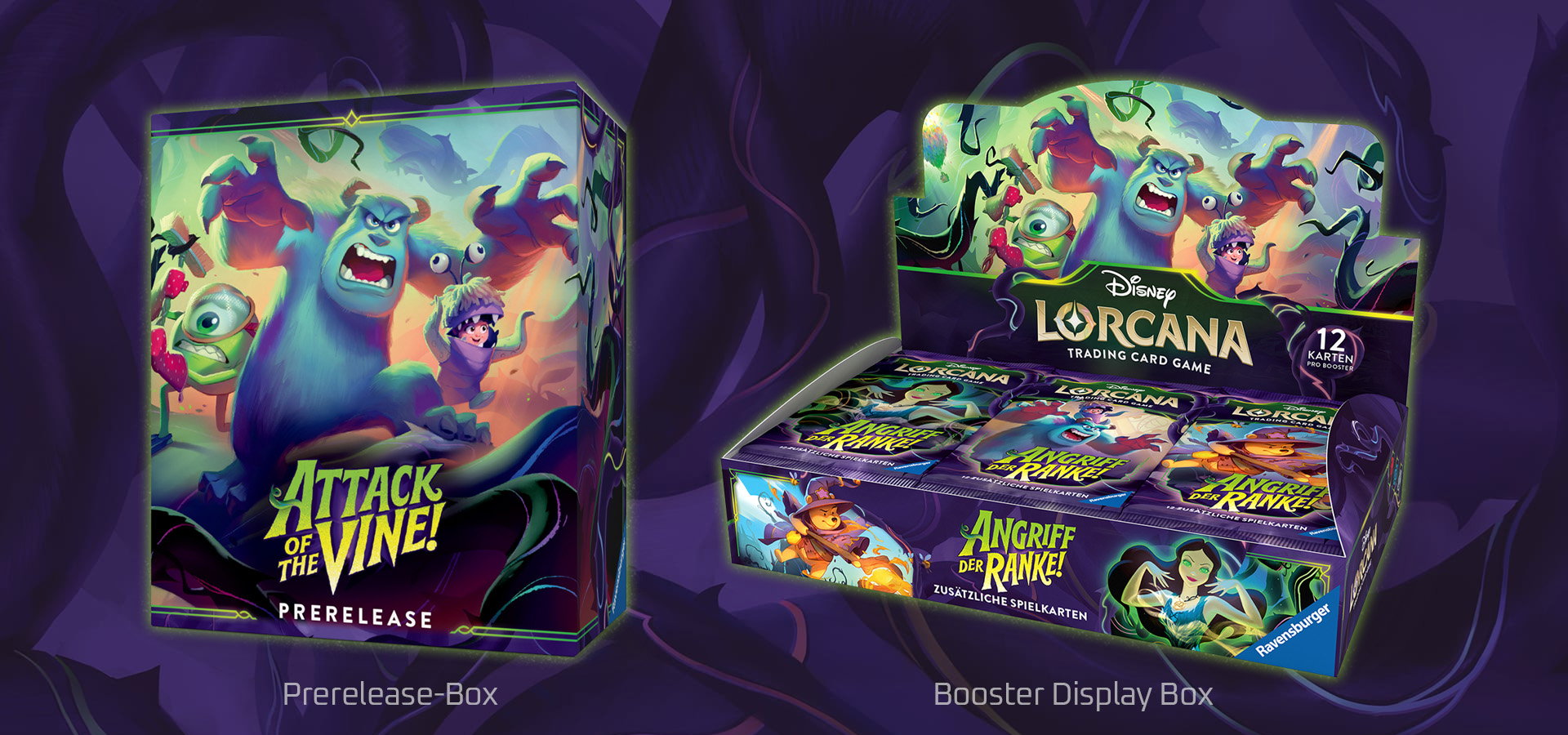 prerelease-box und booster display box des disney lorcana tcgs des neuen sets angriff der ranke!