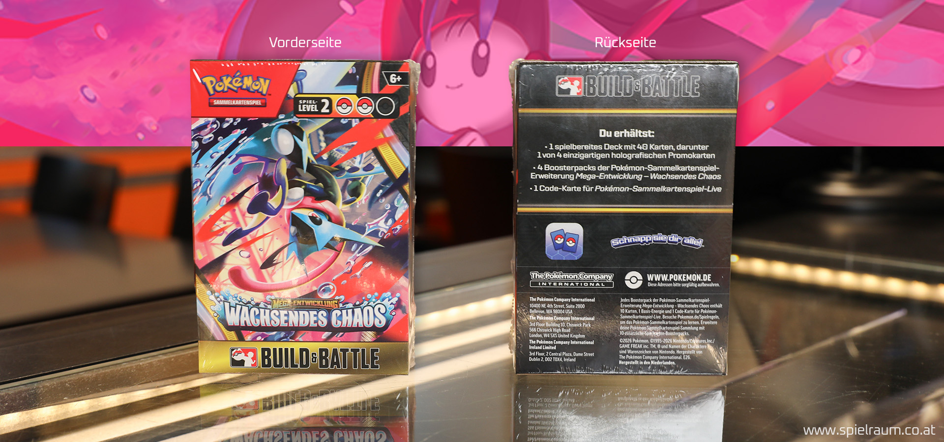 build & battle boxen des neuen sets von pokemon der mega-entwicklung wachsendes chaos von der vorderseite und rückseite