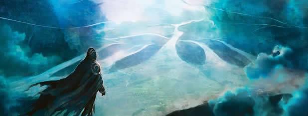 Vermummte Highlander Figur blickt auf eine mystische, verzweigte Landschaft.