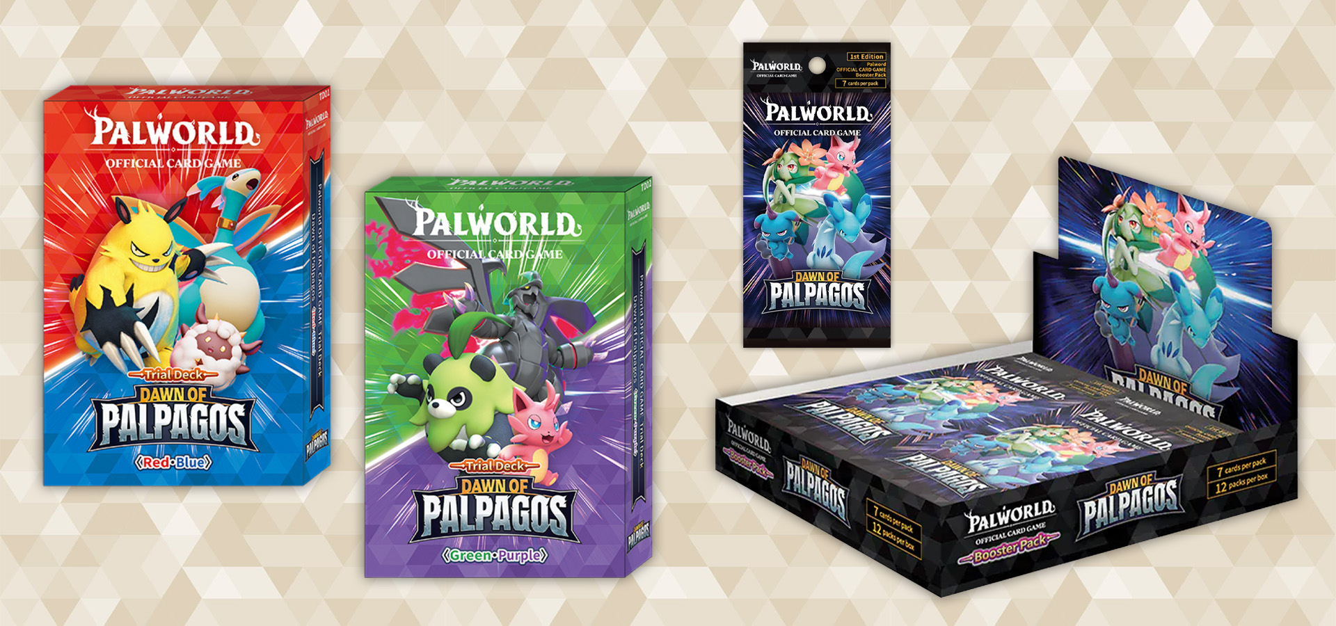 palworld official cardgame dawn of palpagos trial decks red blue und green purple und booster und booster display